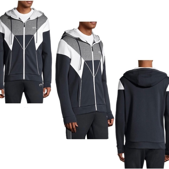Boss men’s gray blue Colourblocked Cotton-Blend Hooded Sweatshirt Sz S - Picture 1 of 10